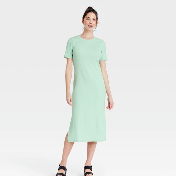 a new day Short Sleeve Rib Knit T-Shirt Midi Dress - Mint Size Small - Picture 1 of 4